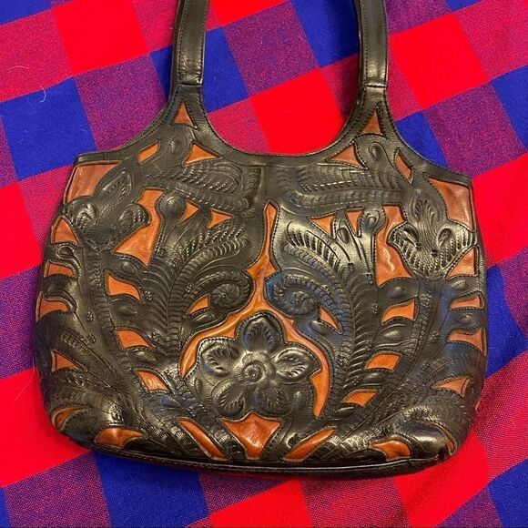 ALDO Black Brown Leather Embossed VTG Purse Handbag - Picture 6 of 14